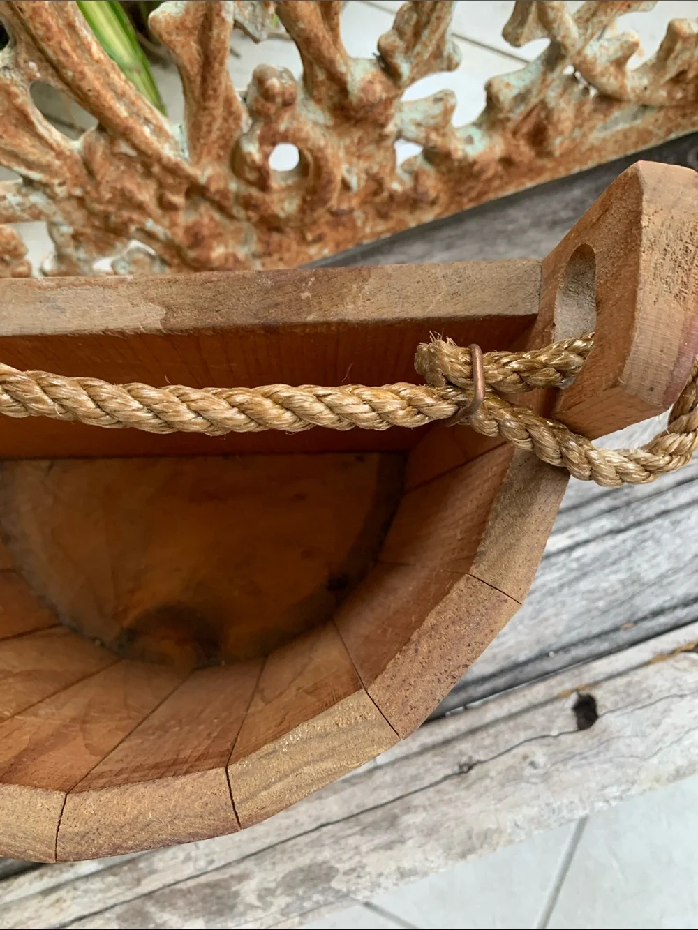 Vintage Flat Sided Wooden Hanging Basket with Red Heart and Floral Accents